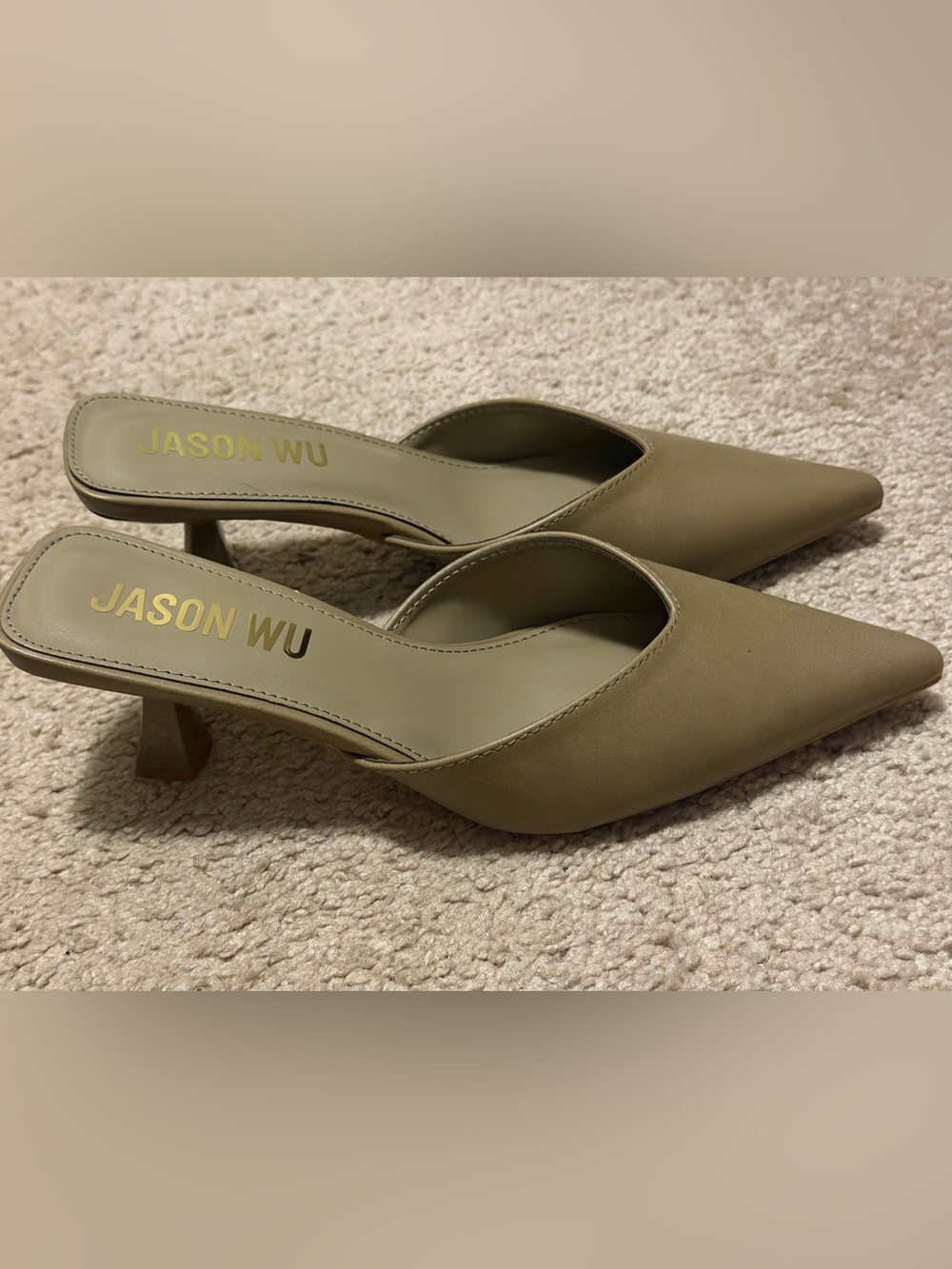 Jason Wu Pointed Toe Kitten Heel Mules Taupe Olive Size 6.5